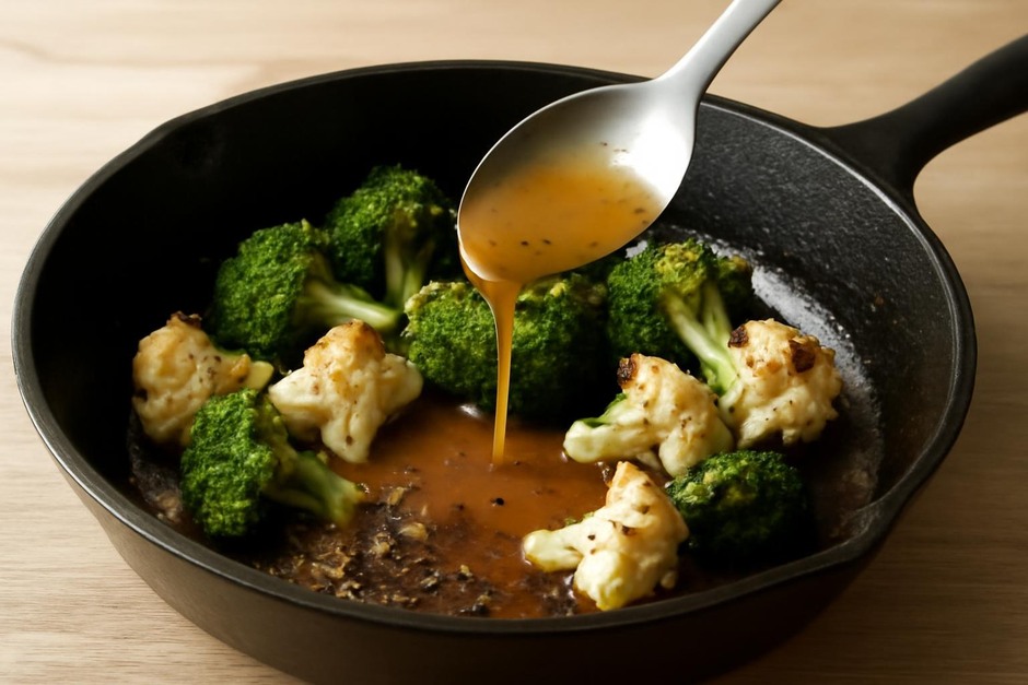 A skillet with browned bits and a spoon adding a simple pan sauce over cooked vegetables