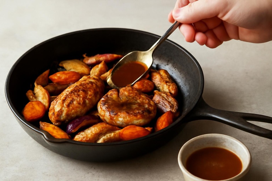 Skillet with browned food and a small pan sauce being spooned over
