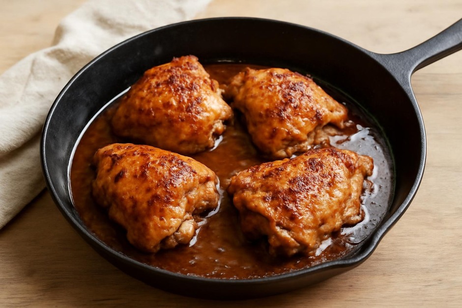Pan-roasted chicken thighs in a skillet with a glossy pan sauce
